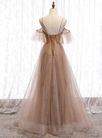 Champagne Tulle Off Shoulder Straps A-Line Prom Dress, Long Evening Dress Party Dress
