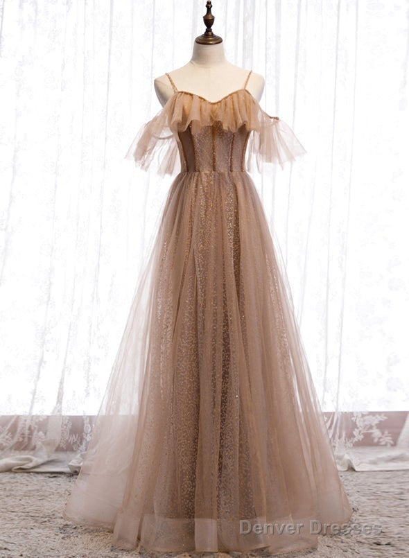 Champagne Tulle Off Shoulder Straps A-Line Prom Dress, Long Evening Dress Party Dress Main image