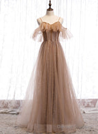 Champagne Tulle Off Shoulder Straps A-Line Prom Dress, Long Evening Dress Party Dress