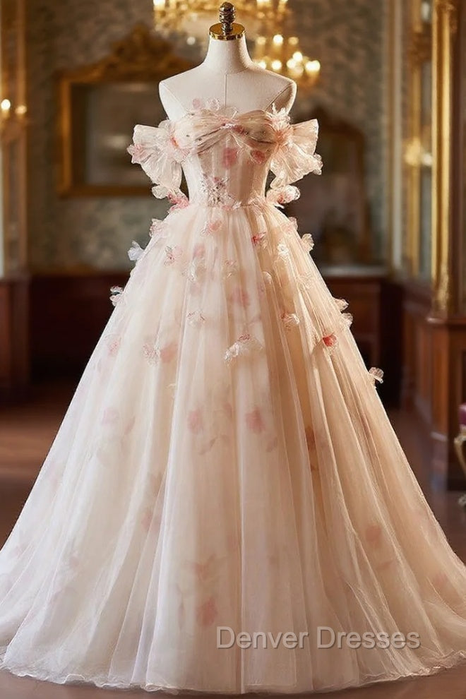 Champagne Tulle Off the Shoulder 3D Flower Prom Dress Main image