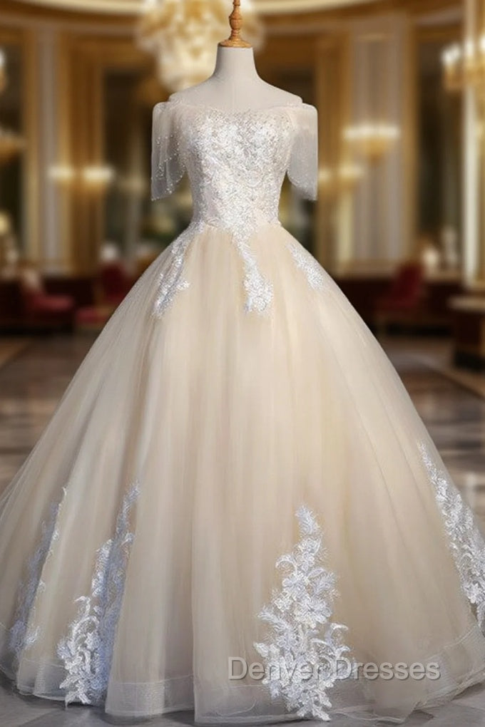 Champagne Tulle Off the Shoulder Appliques Beading Quinceanera Dress