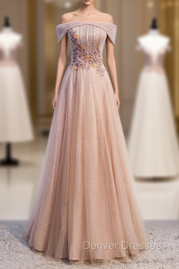 Champagne Tulle Off the Shoulder Beading Prom Dress