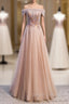 Champagne Tulle Off the Shoulder Beading Prom Dress