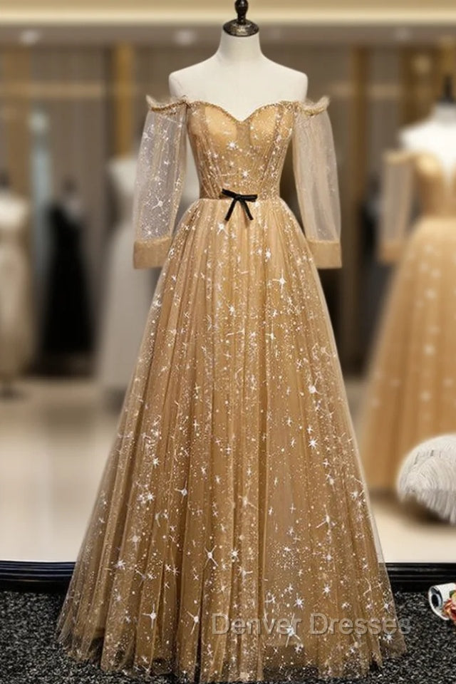 Champagne Tulle Off the Shoulder Embroidery Long Sleeve Prom Dress