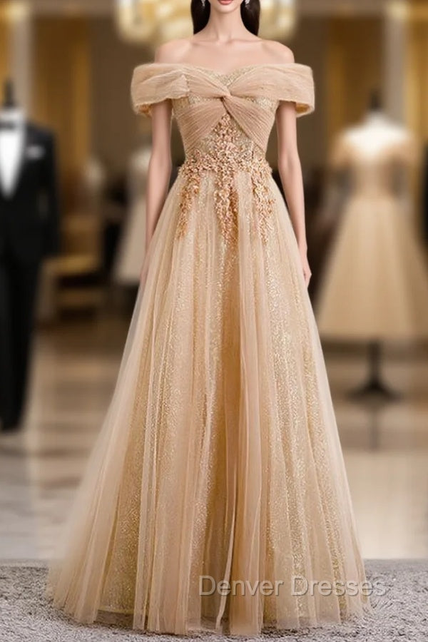 Champagne Tulle Off the Shoulder Embroidery Off the Shoulder Prom Dress