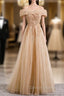 Champagne Tulle Off the Shoulder Embroidery Off the Shoulder Prom Dress