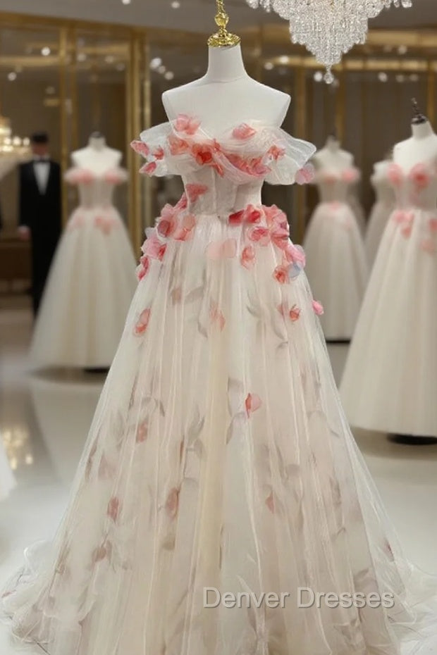 Champagne Tulle Off the Shoulder Flower Princess Prom Dres Main image