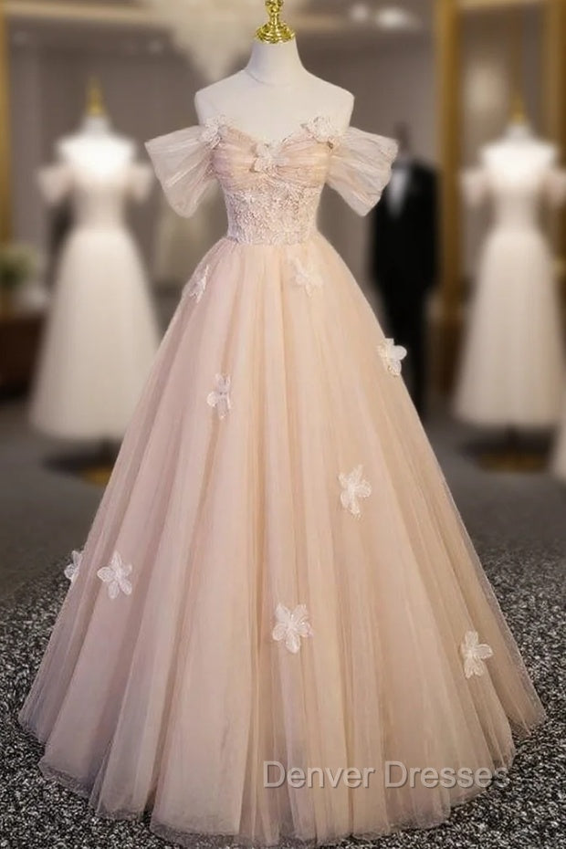 Champagne Tulle Off the Shoulder Flower Prom Dress