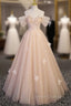 Champagne Tulle Off the Shoulder Flower Prom Dress