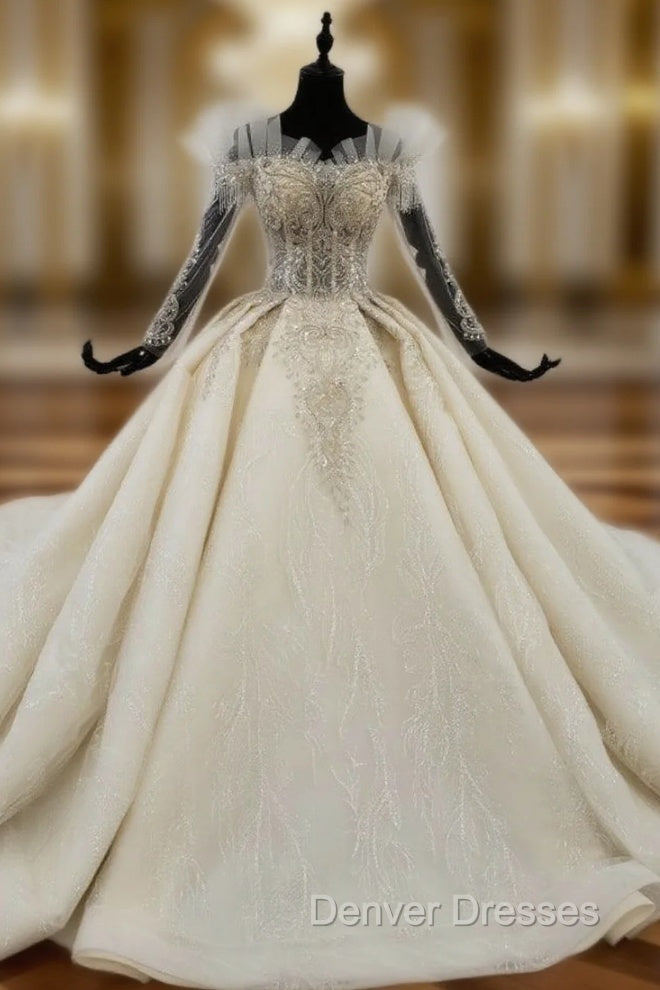 Champagne Tulle Off the Shoulder Long Sleeve Beading Wedding Dress