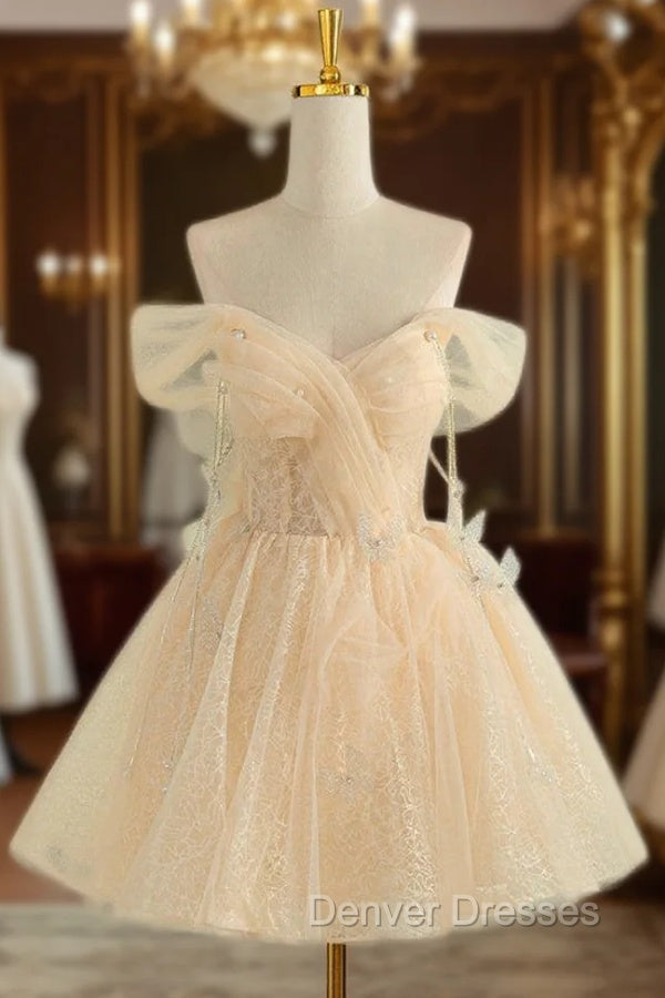 Champagne Tulle Off the Shoulder Pleats Homecoming Dress Main image