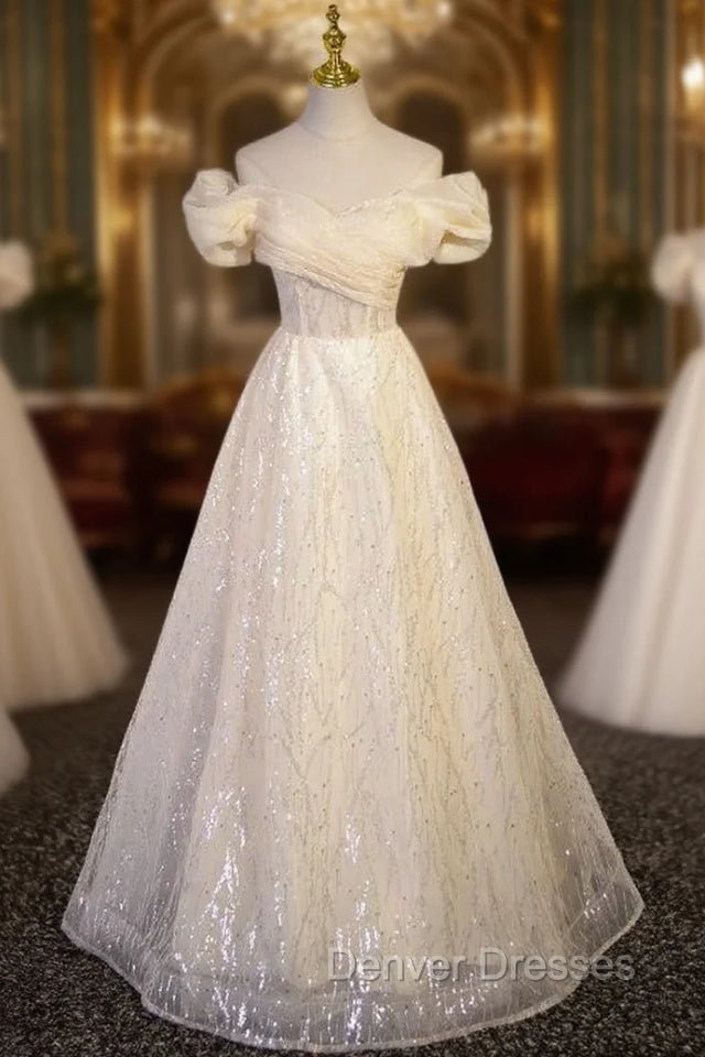 Champagne Tulle Off the Shoulder Sequins Prom Dress