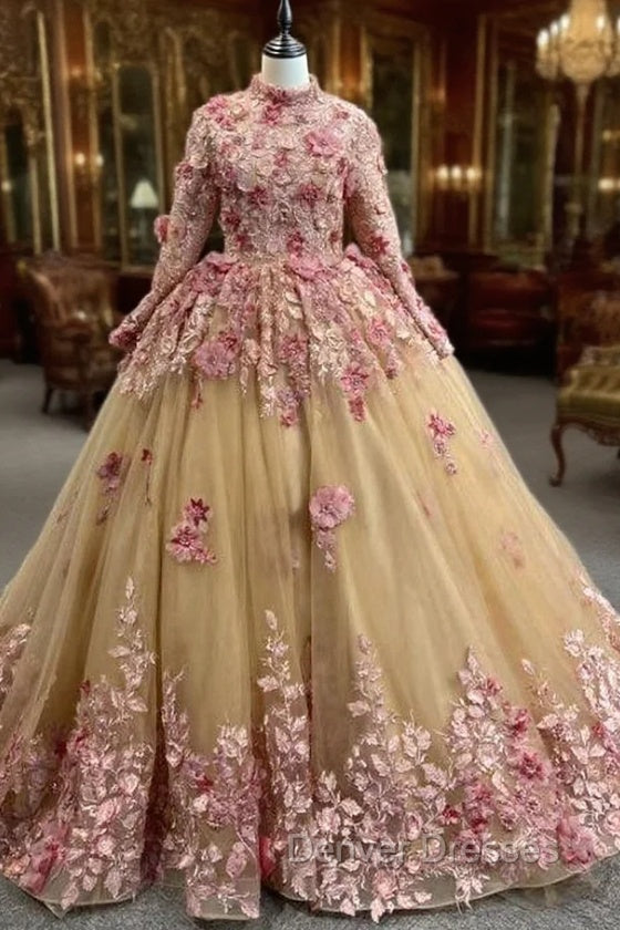 Champagne Tulle Pink 3D Appliques Long Sleeve Prom Dress Main image
