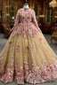 Champagne Tulle Pink 3D Appliques Long Sleeve Prom Dress