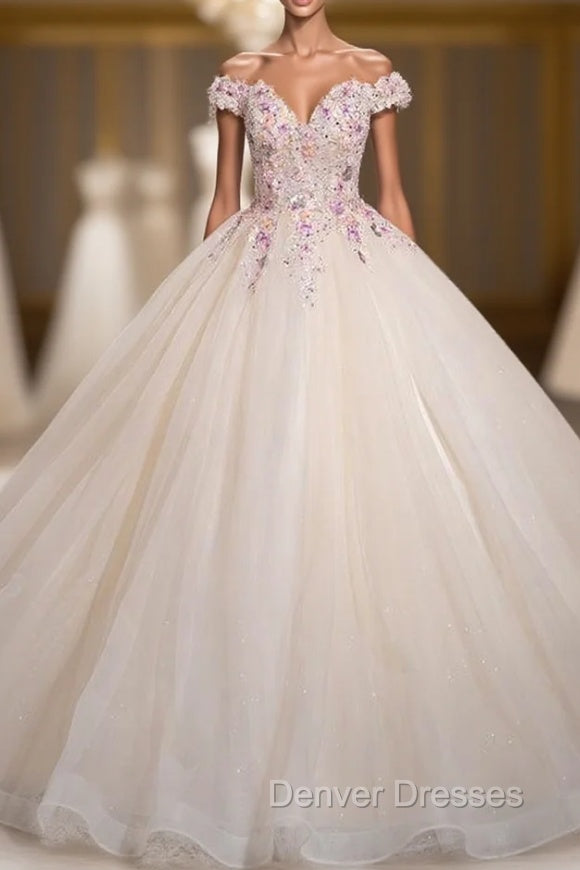 Champagne Tulle Pink Sequins Off the Shoulder Quinceanera Dress Main image