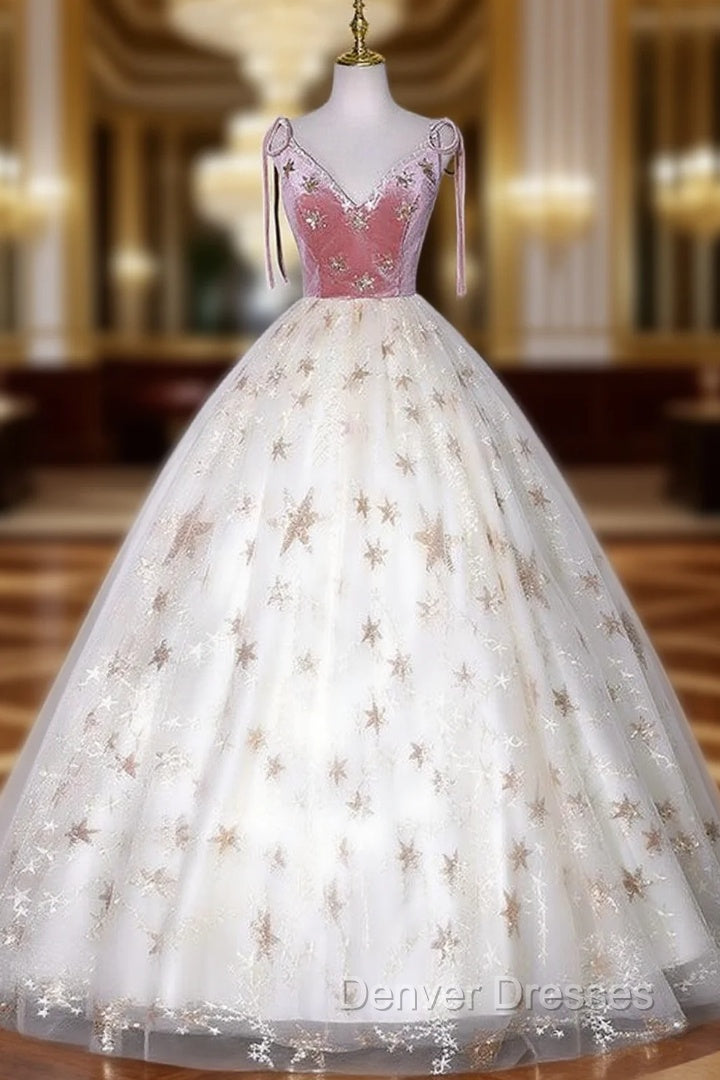 Champagne Tulle Pink Velvet V-neck Quinceanera Dress