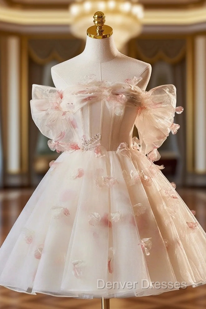 Champagne Tulle Print Knee Length Prom Dress, Lovely Off the Shoulder Backless Party Dress Main image