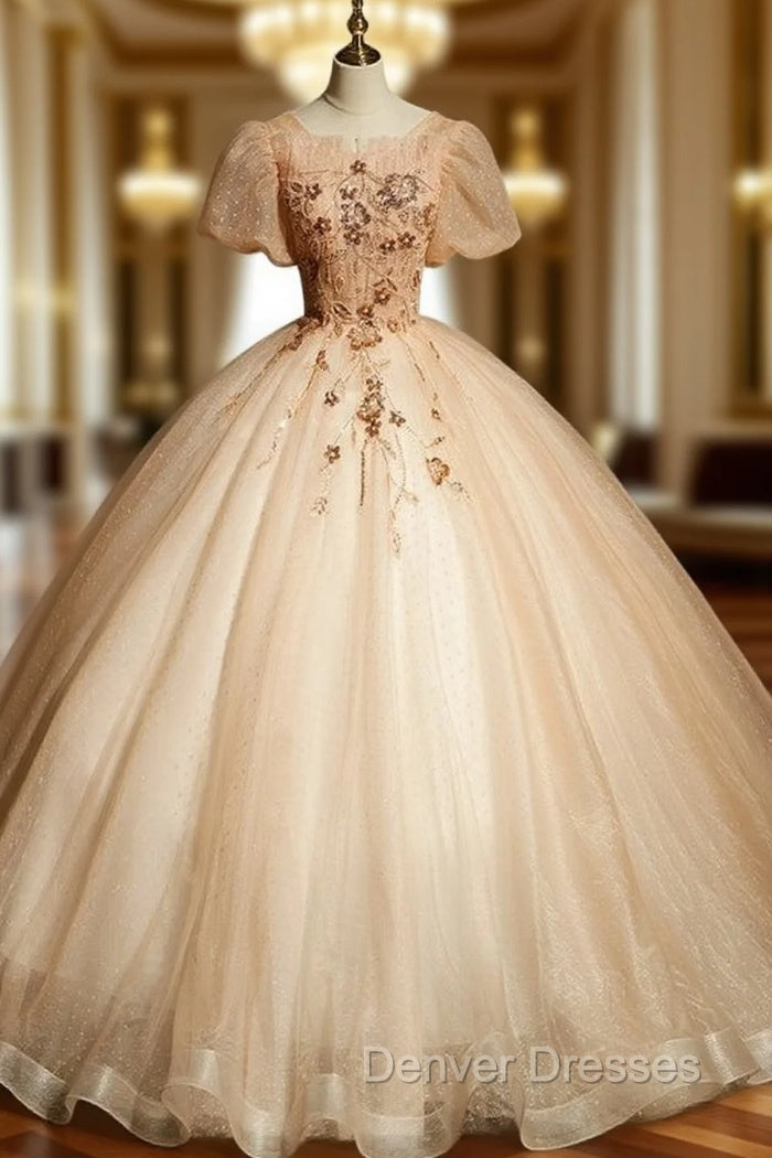 Champagne Tulle Puff Sleeve Beading Quinceanera Dress Main image