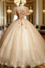 Champagne Tulle Puff Sleeve Beading Quinceanera Dress