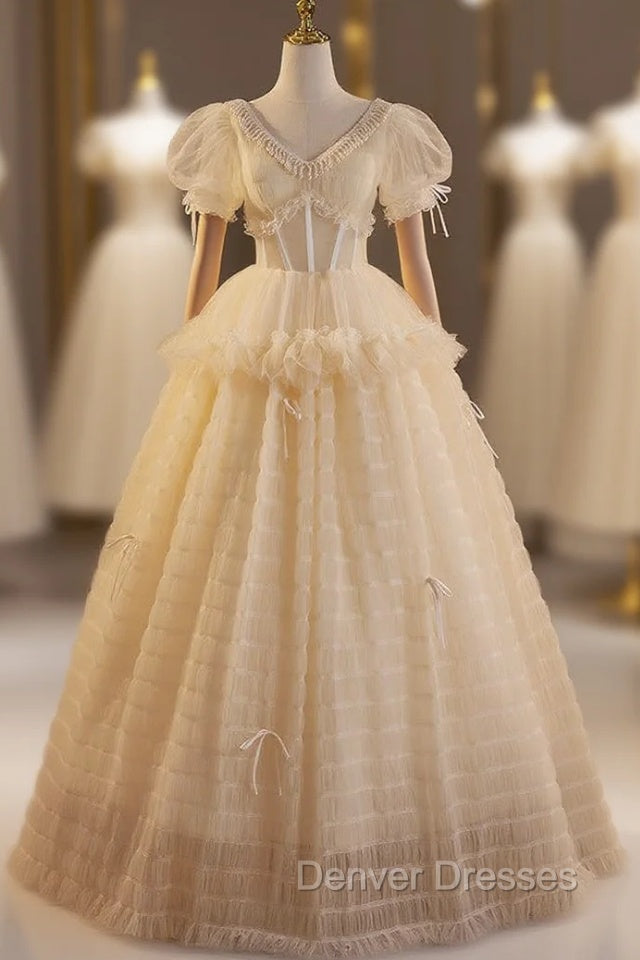 Champagne Tulle Puff Sleeve Beading Wedding Dress