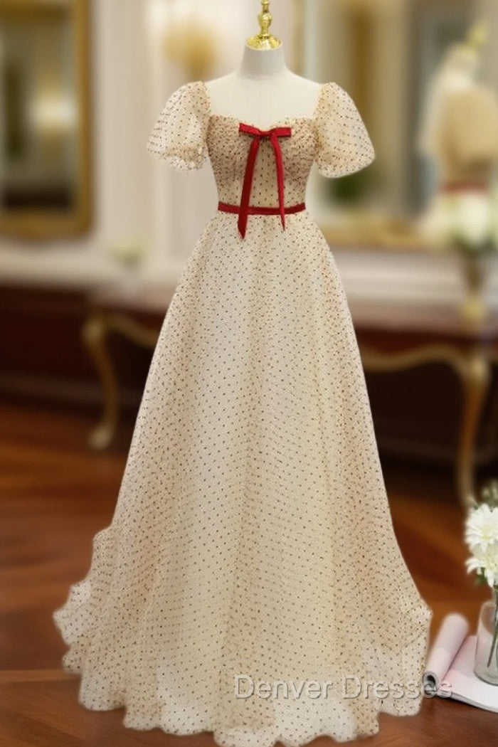 Champagne Tulle Puff Sleeve Prom Dress With Red Bow Main image