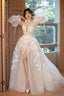 Champagne Tulle Puffy Sleeves Long Party Dress, Beautiful Lace Evening Dress