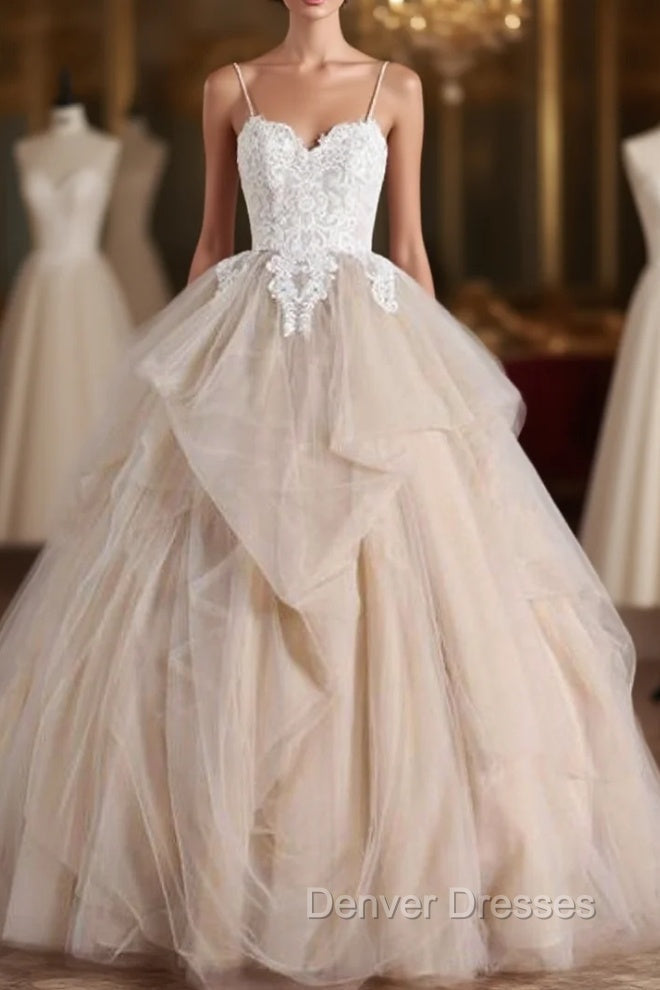Champagne Tulle Ruffles Long Backless Lace Appliques Quinceanera Dress Main image