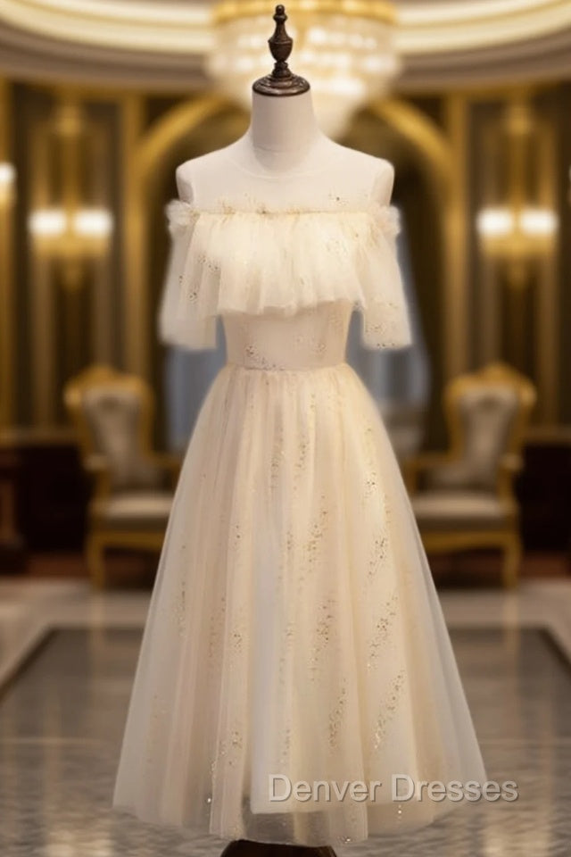 Champagne Tulle Scoop Sequins Tea Length Prom Dress Main image