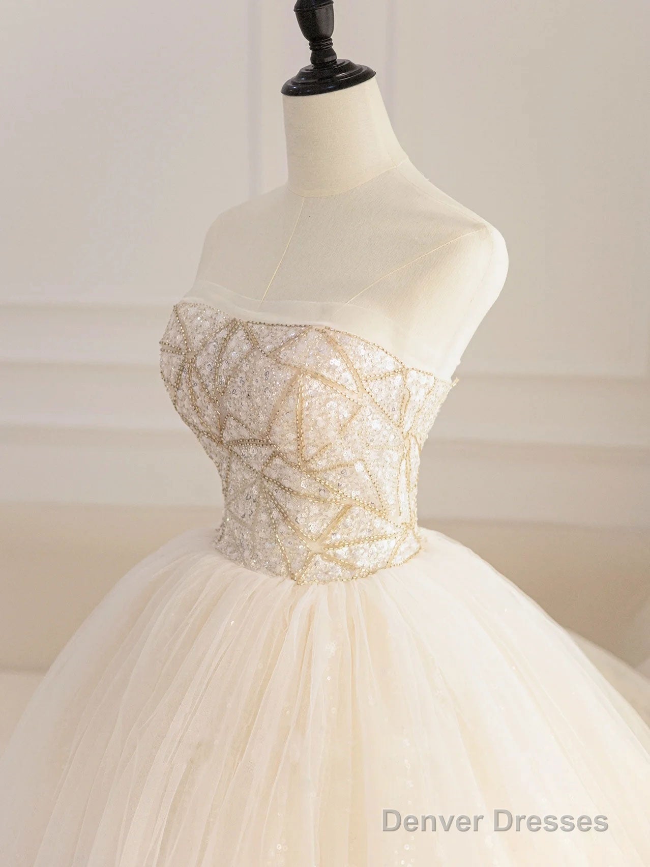 Champagne Tulle Sequin Beads Long Prom Dress, Champagne Evening Dress Secondary image