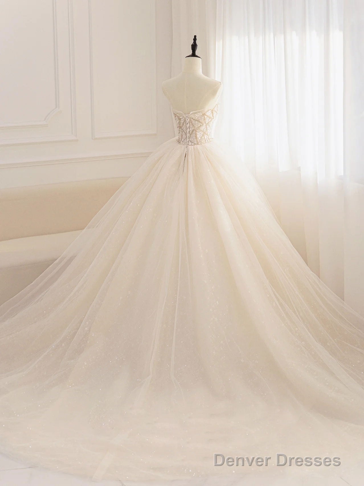 Champagne Tulle Sequin Beads Long Prom Dress, Champagne Evening Dress