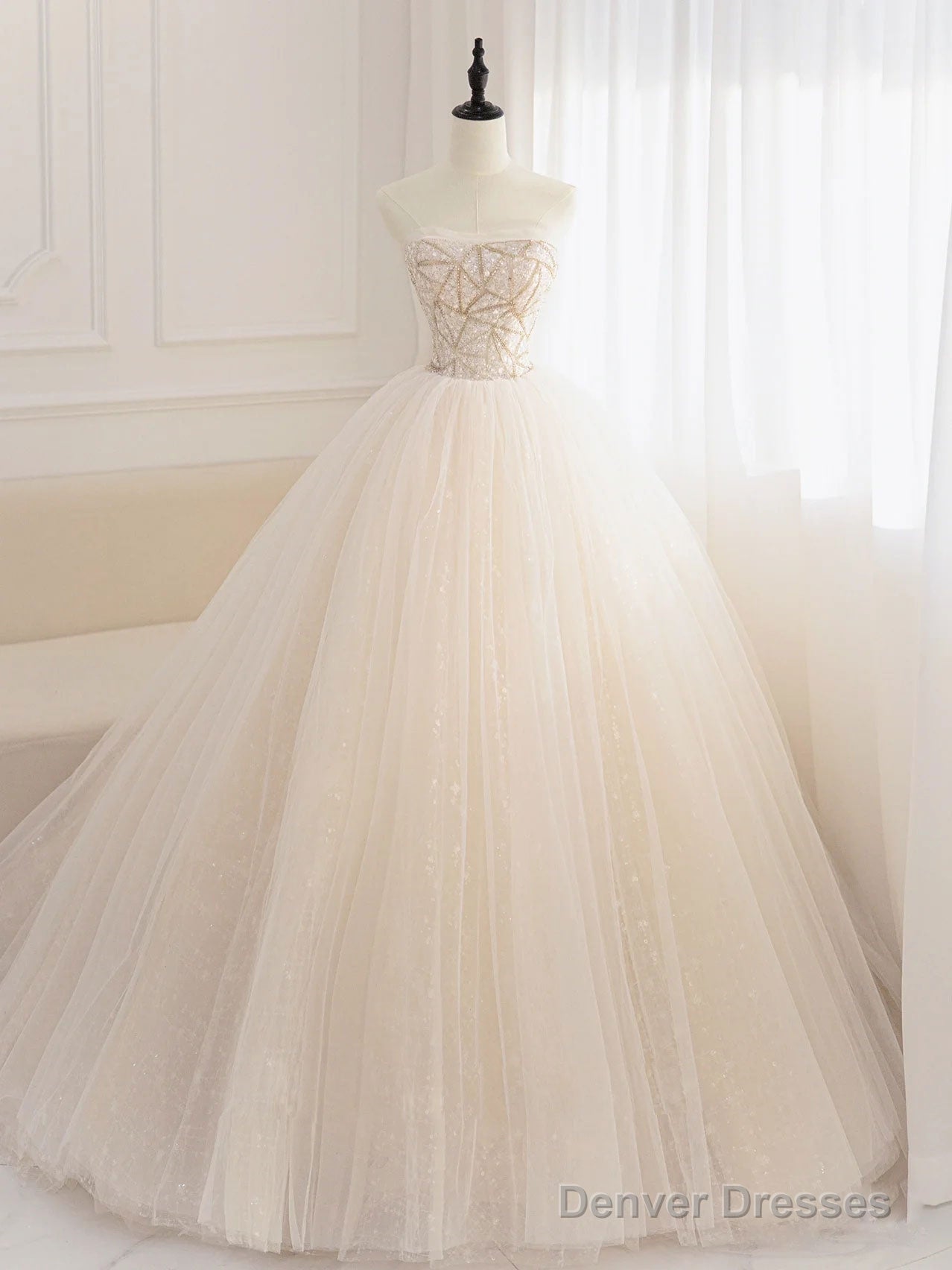 Champagne Tulle Sequin Beads Long Prom Dress, Champagne Evening Dress Main image