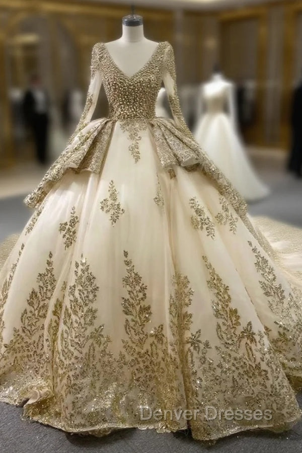 Champagne Tulle Sequins Appliques Long Sleeve Prom Dress