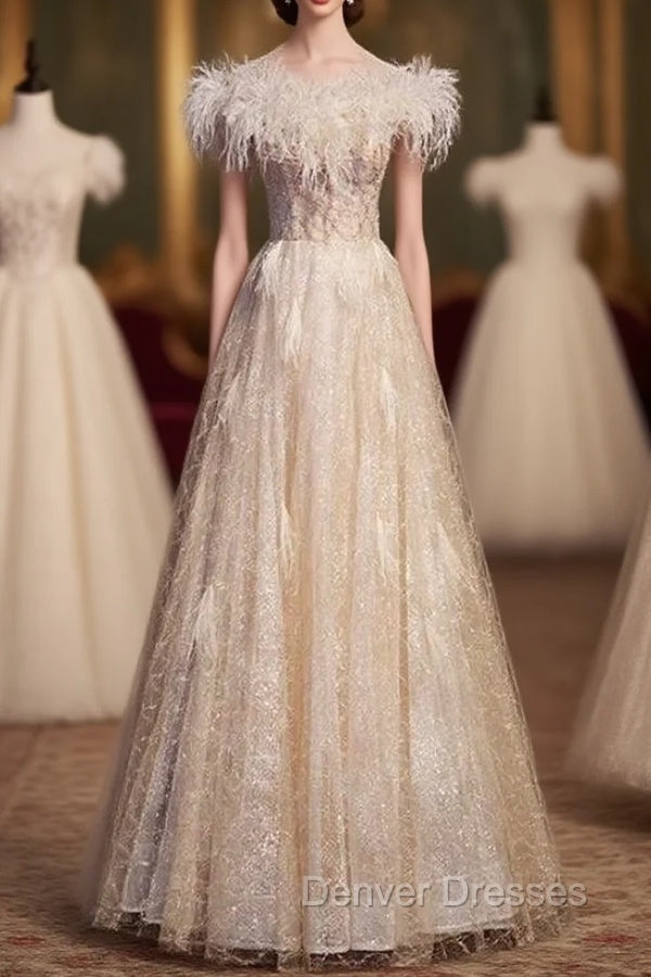 Champagne Tulle Sequins Beading Feather Prom Dress Main image