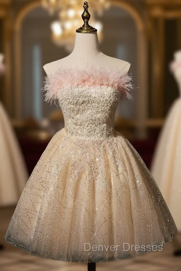 Champagne Tulle Sequins Beading Homecoming Dress