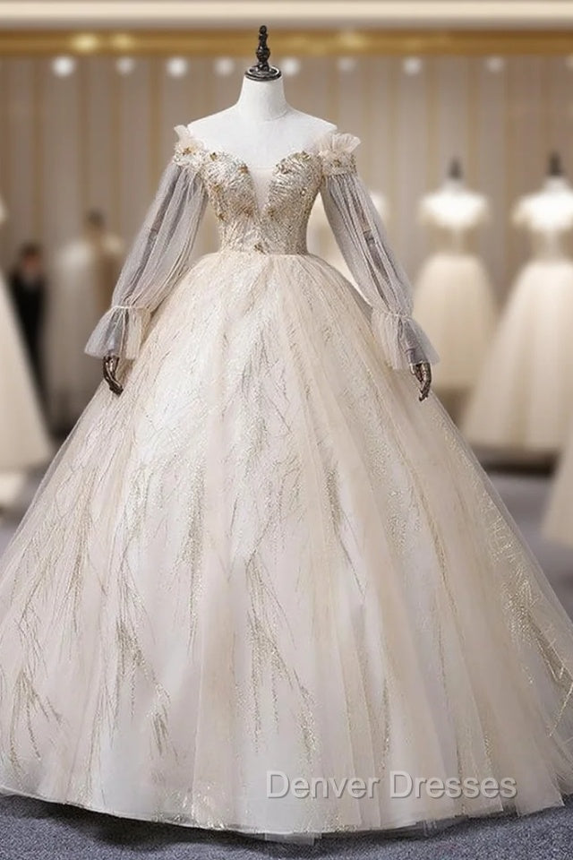 Champagne Tulle Sequins Beading Long Sleeve Quinceanera Dress Main image