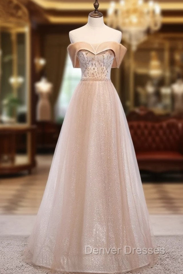 Champagne Tulle Sequins Beading Off the Shoulder Prom Dress
