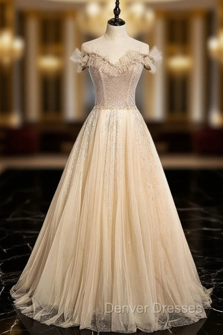 Champagne Tulle Sequins Beading Prom Dress