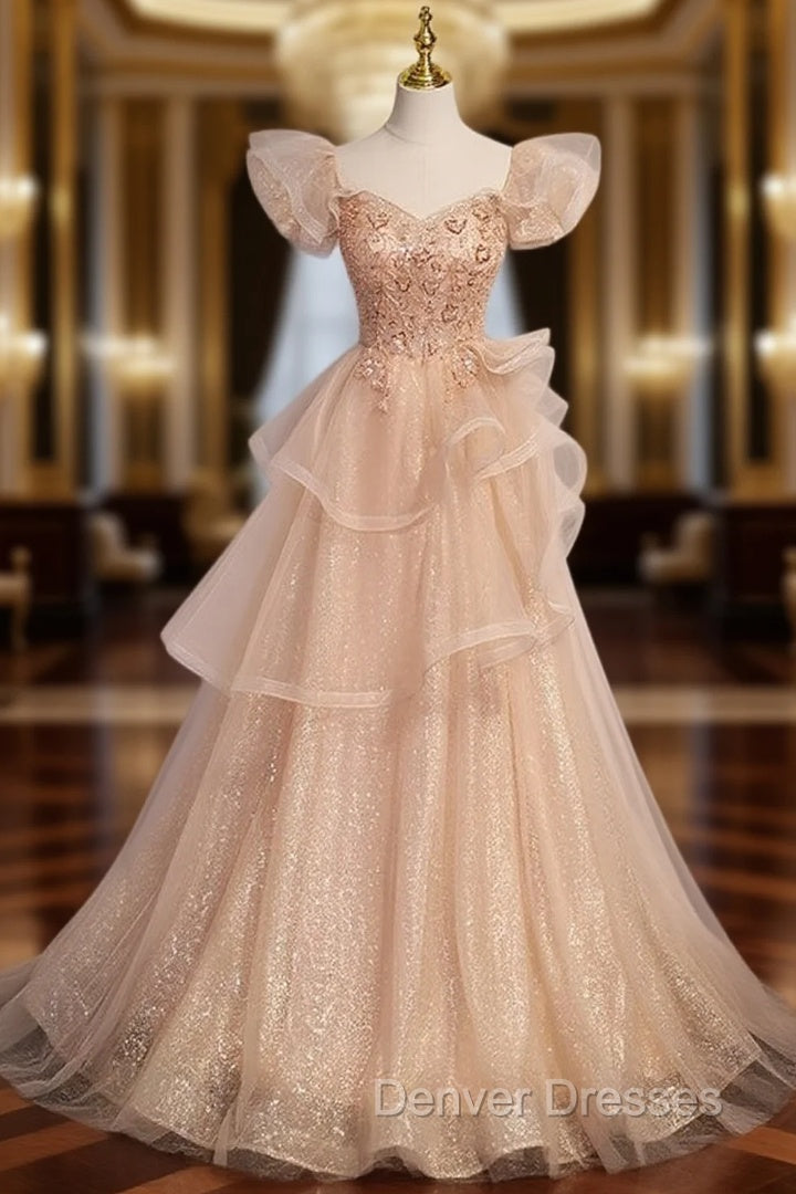 Champagne Tulle Sequins Beading Puff Sleeve Prom Dress Main image