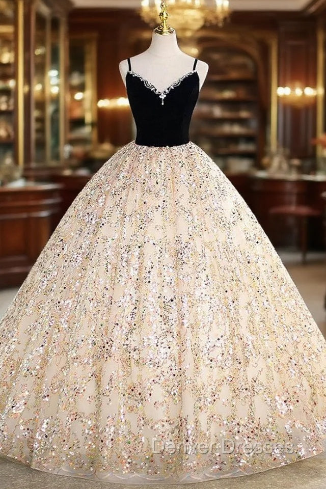 Champagne Tulle Sequins Black Velvet Crystal Quinceanera Dress Main image
