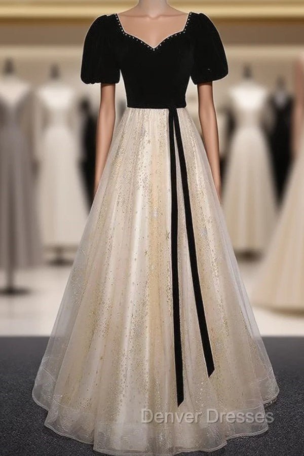 Champagne Tulle Sequins Black Velvet Short Sleeve Prom Dres Main image