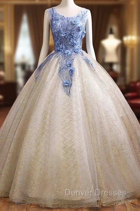 Champagne Tulle Sequins Blue Appliques Quinceanera Dress Main image