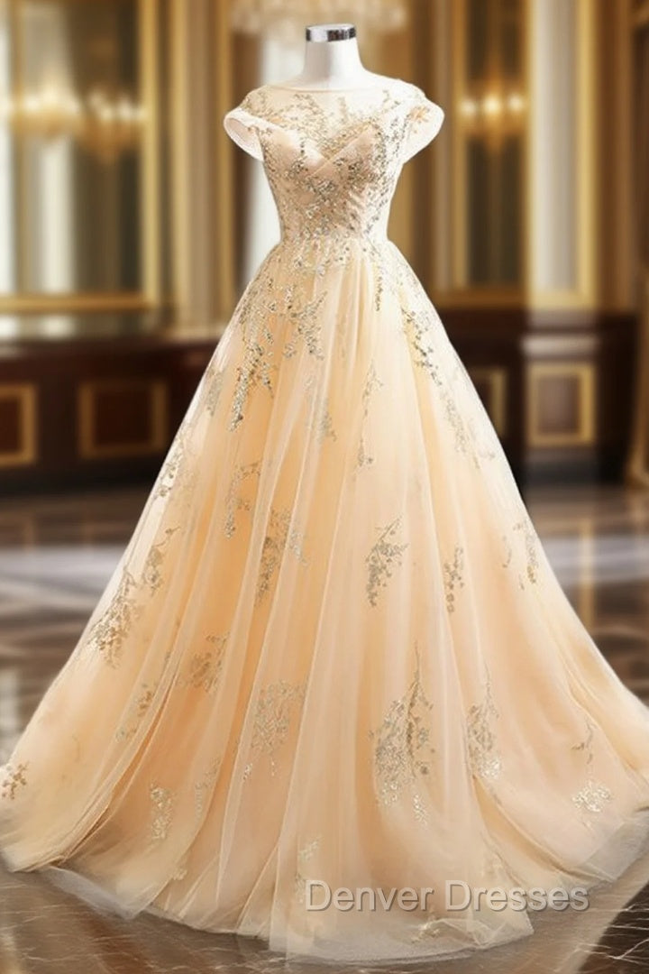 Champagne Tulle Sequins Cap Sleeve Open Back Prom Dress