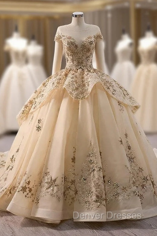 Champagne Tulle Sequins Cap Sleeve Prom Dress