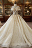 Champagne Tulle Sequins High Neck Backless Wedding Dress With Long Train