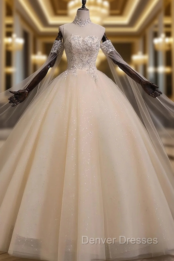 Champagne Tulle Sequins High Neck Beading Quinceanera Dress