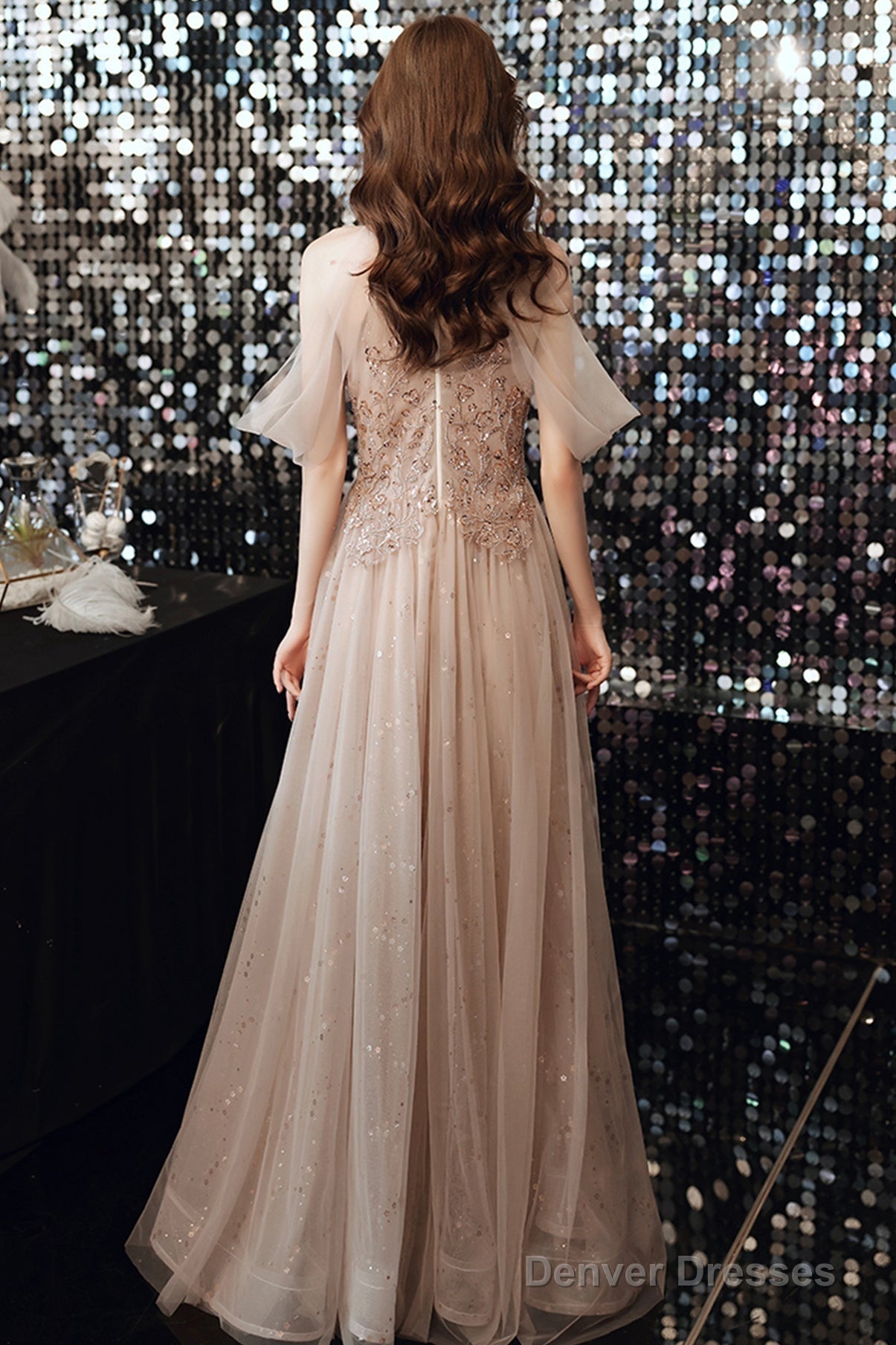 Champagne Tulle Sequins Long A Line Prom Dress Evening Dress Secondary image