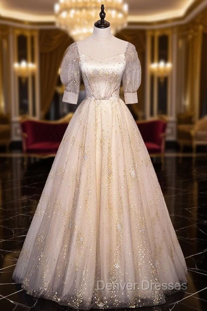 Champagne Tulle Sequins Long Prom Dress, Cute 1/2 Sleeve Party Dress