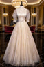 Champagne Tulle Sequins Long Prom Dress, Cute 1/2 Sleeve Party Dress