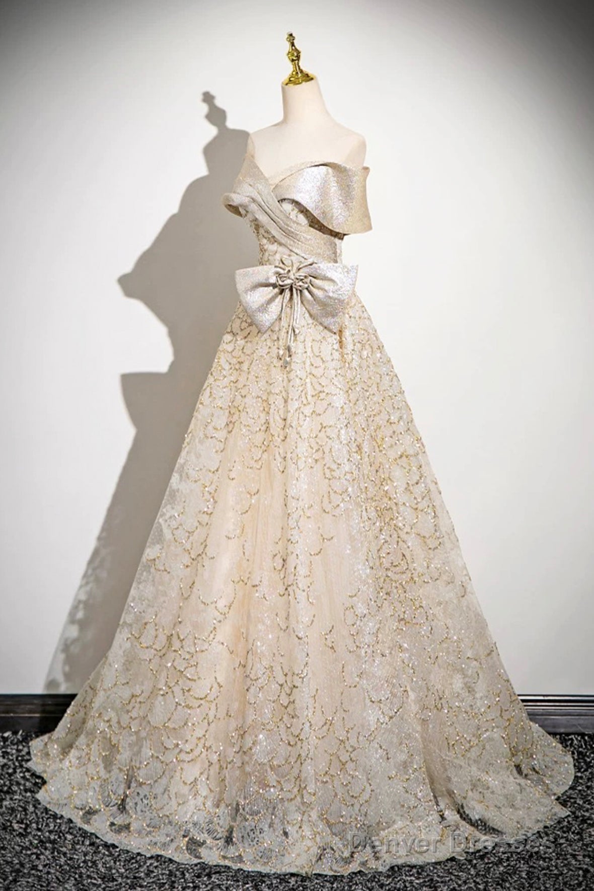 Champagne Tulle Sequins Long Prom Dress, Off The Shoulder Evening Party Dress Secondary image
