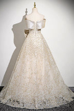 Champagne Tulle Sequins Long Prom Dress, Off The Shoulder Evening Party Dress